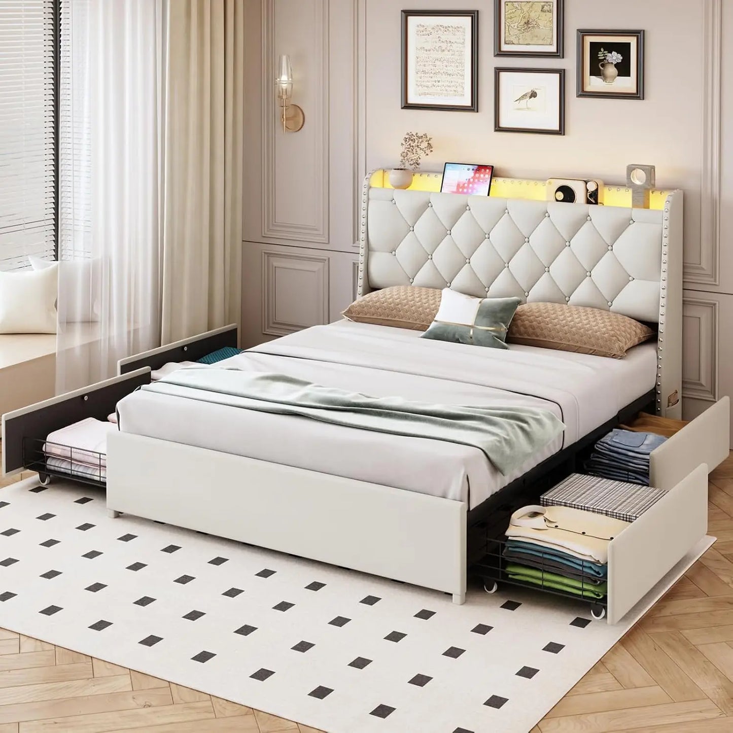 Queen Bed Frame With Storage Headboard LED USB Charging