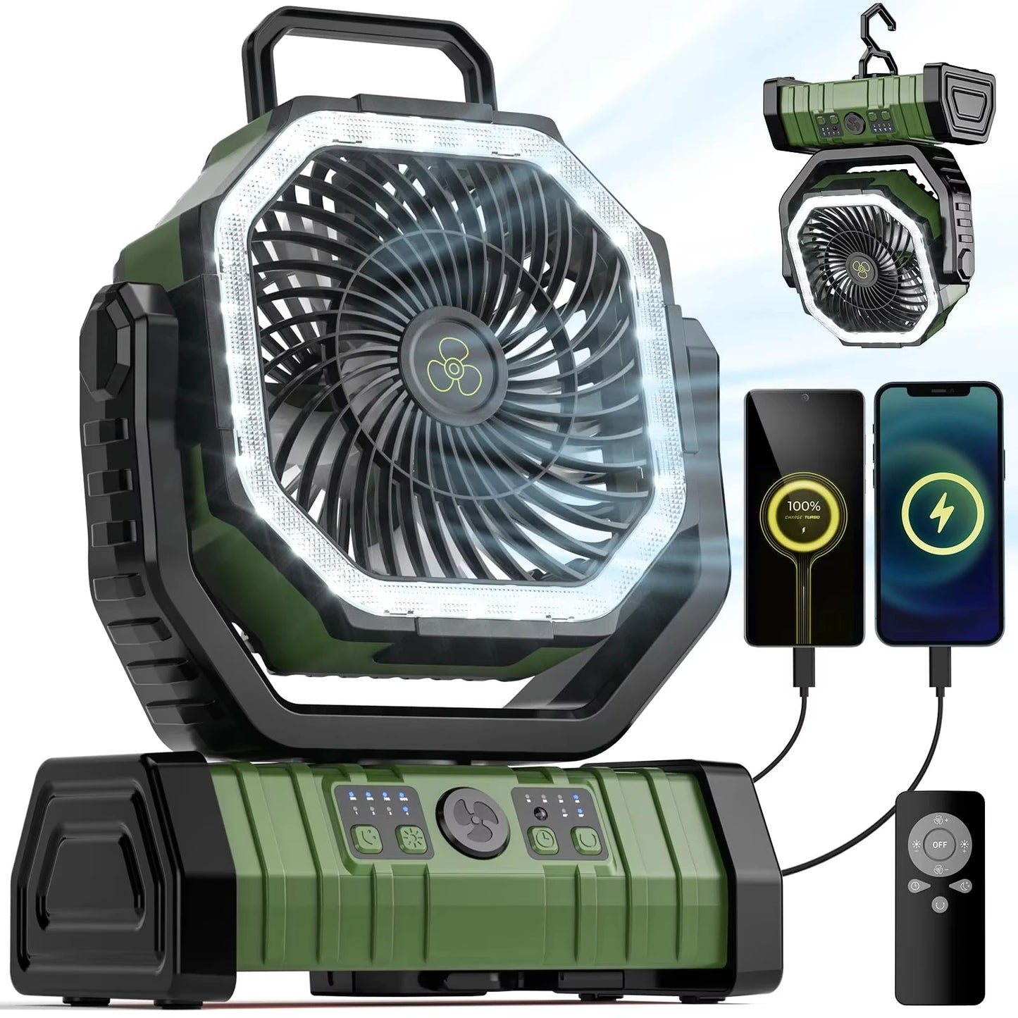 Camping Fan 20000mAh Rechargeable Battery Powered With LED Light