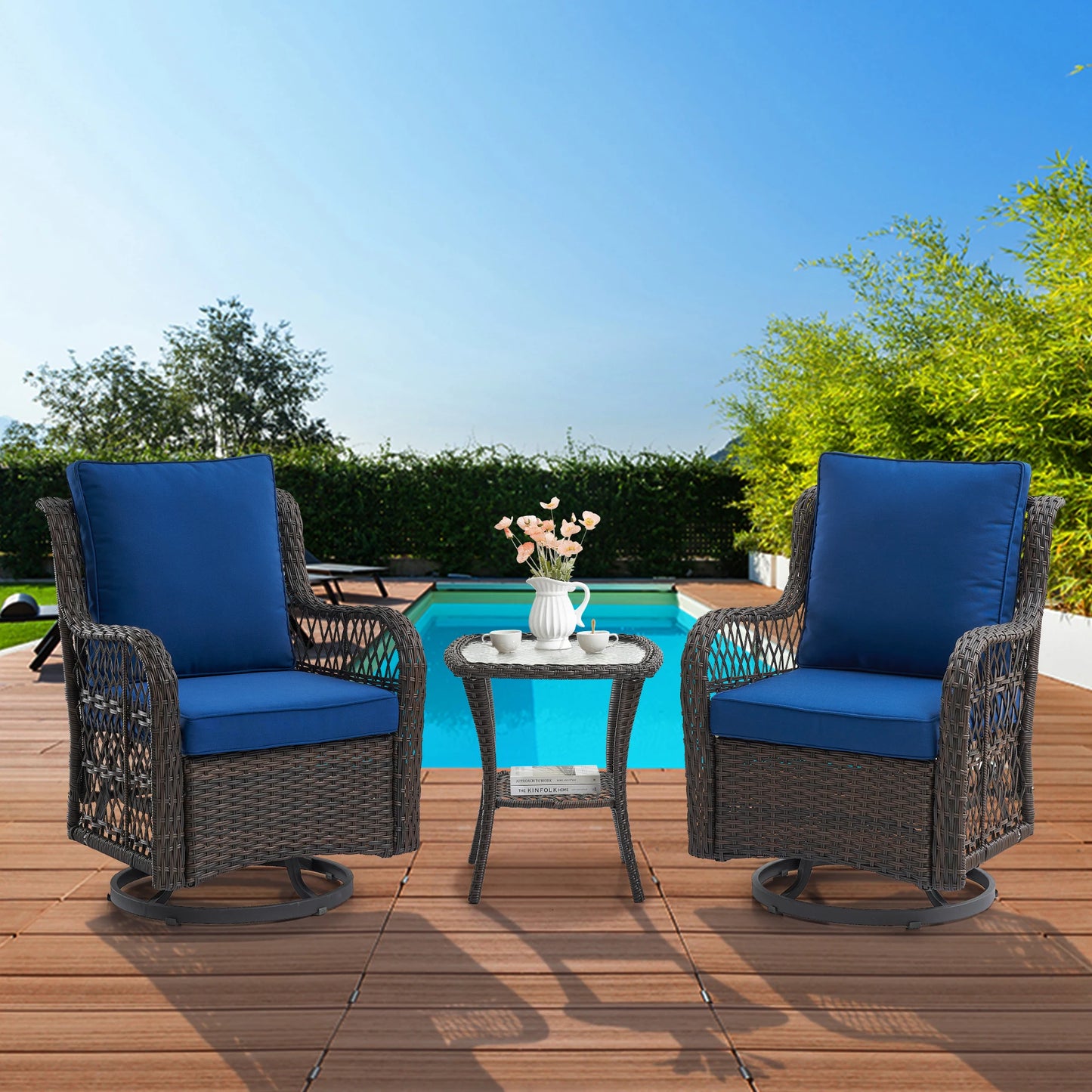 HobbyLane Outdoor Wicker Swivel Chair Set With Rattan Side Table