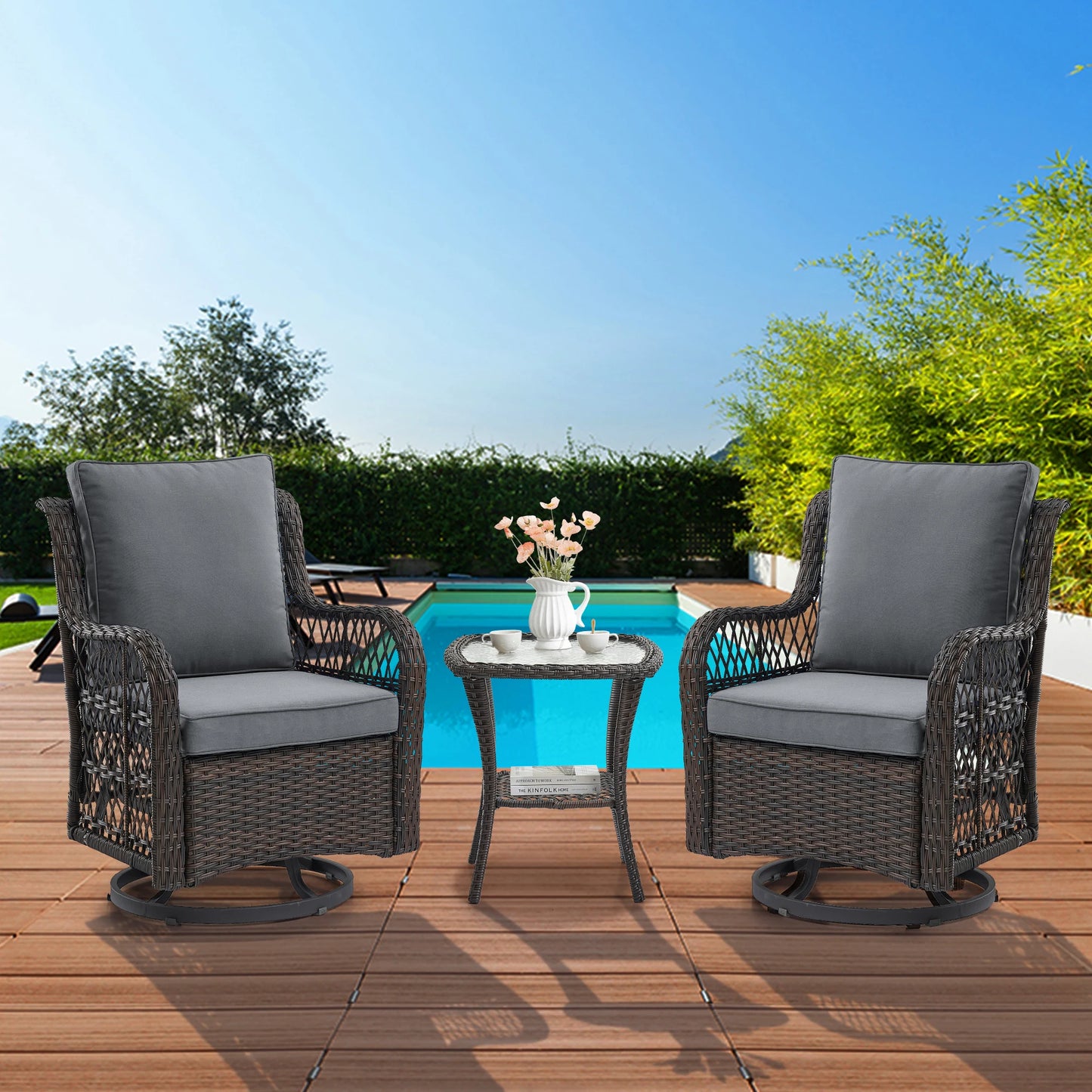 HobbyLane Outdoor Wicker Swivel Chairs Set With Rattan Side Table