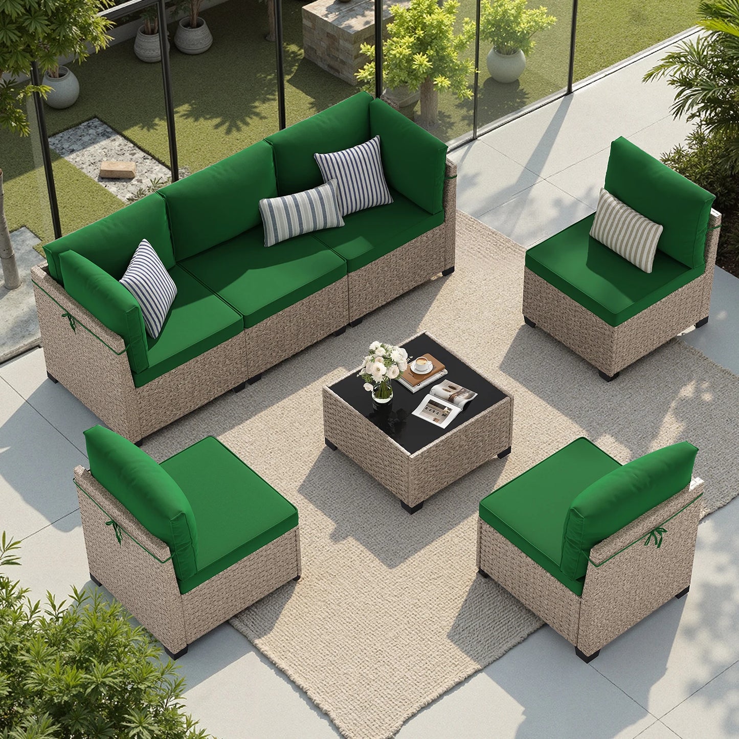Soohow 7 Piece Outdoor Patio Furniture Set Rattan Glass Table