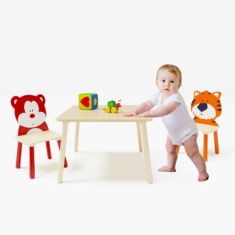 AZIAMOR Kids Table and Chairs Set Bear Tiger Wooden Activity