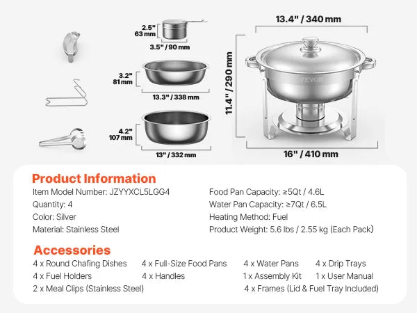 SucceBuy Round Stainless Steel Chafing Dish Buffet Set With Four Pans
