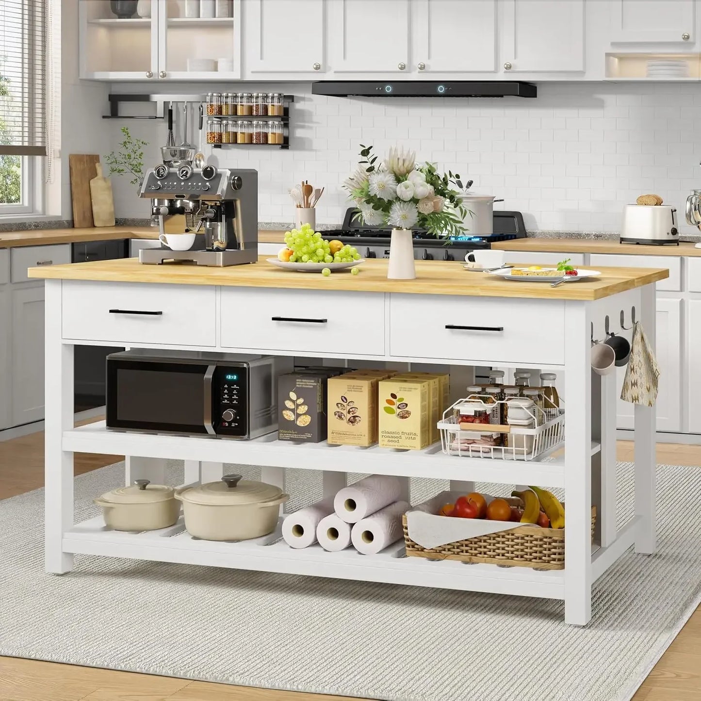 Solid Rubberwood Kitchen Island With Power Outlets And Storage Drawers