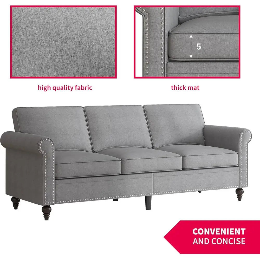 3-Piece Linen Sofa Set With Nailhead Trim Modern Living Room Furniture