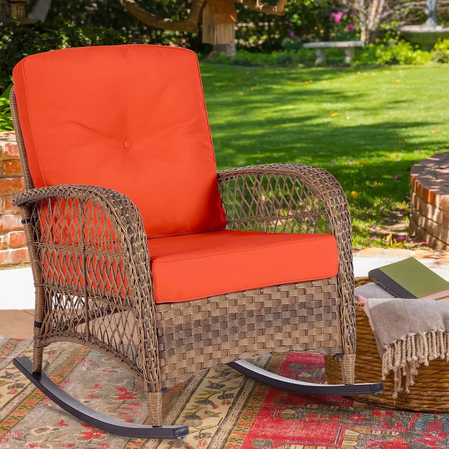 All-Weather Wicker Rocking Chair High Back For Garden Porch