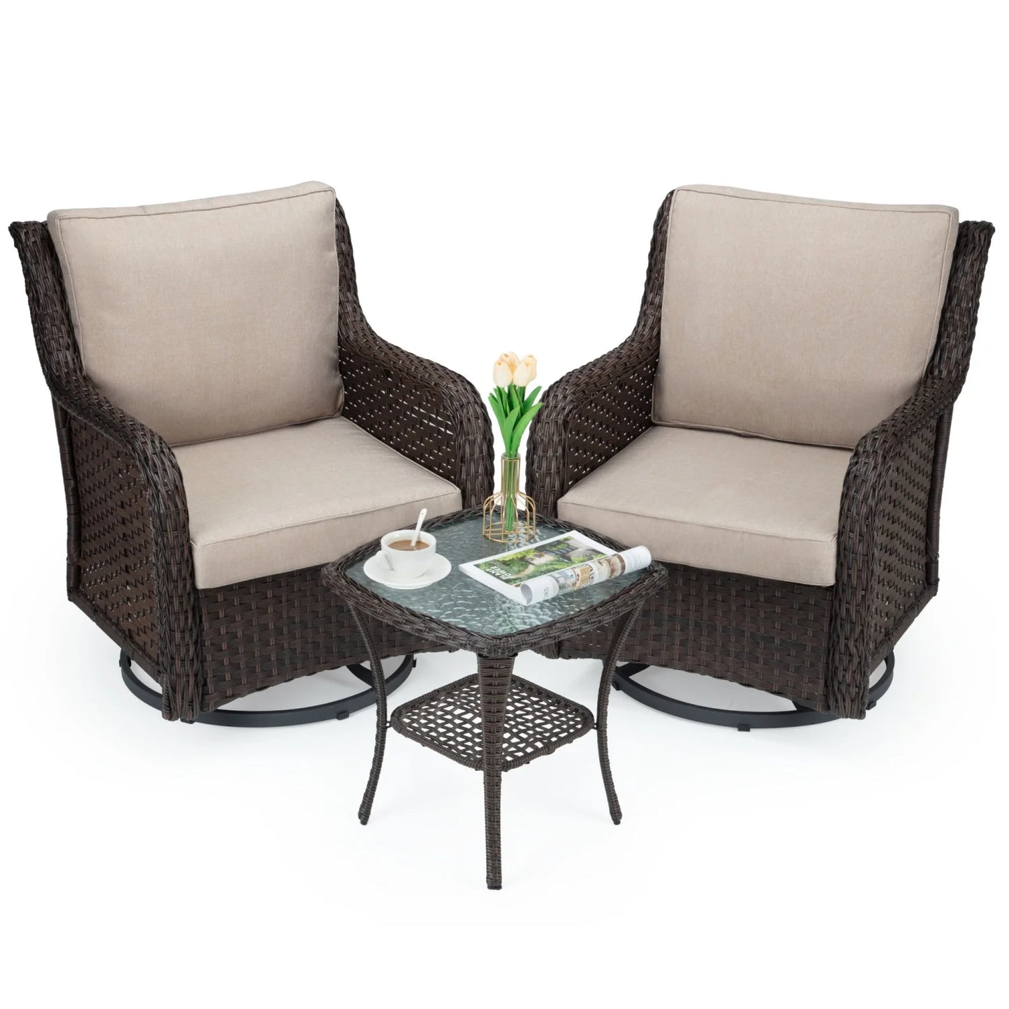 HiMISS Outdoor Wicker Swivel Rocker Patio Set With Cushions