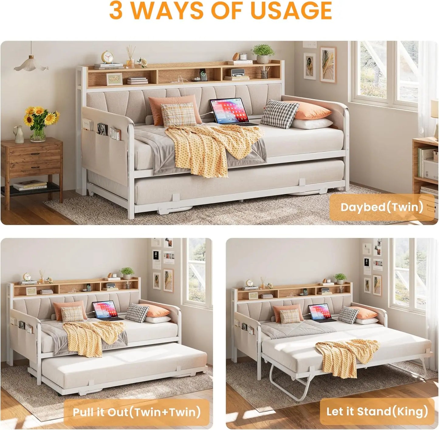LIKIMIO Daybed With Trundle Bed Upholstered Headboard And Charge Station