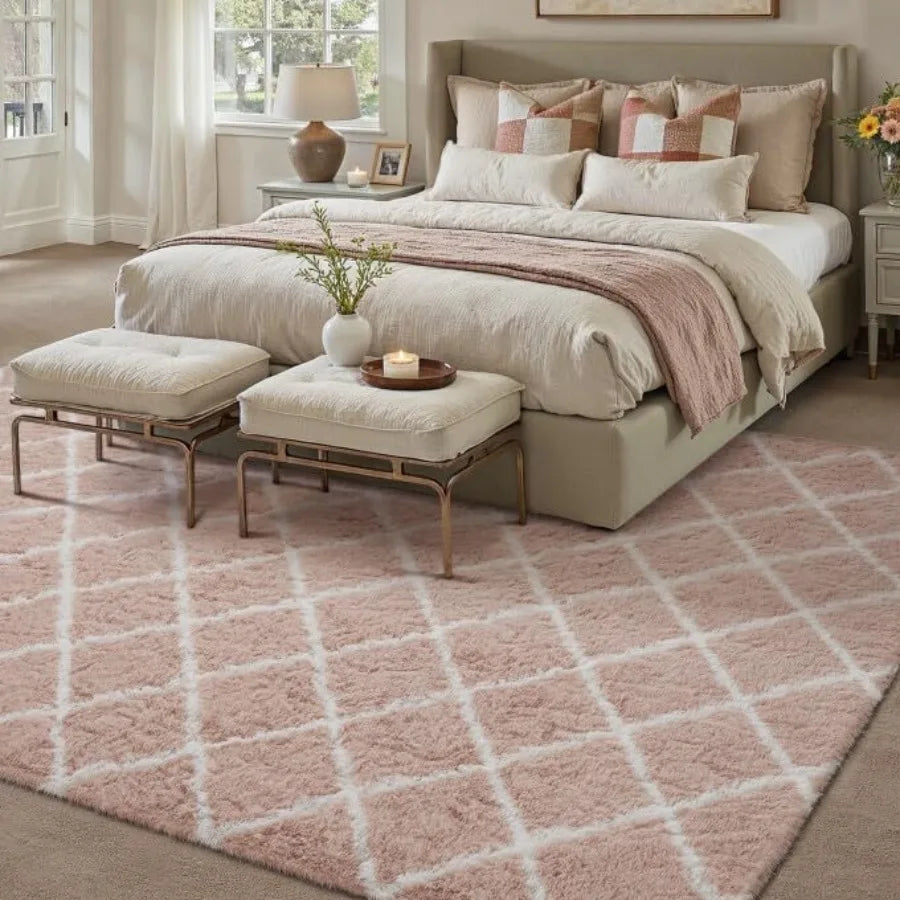 Checkered Living Room Rug Modern Plush Non Slip Area Carpet