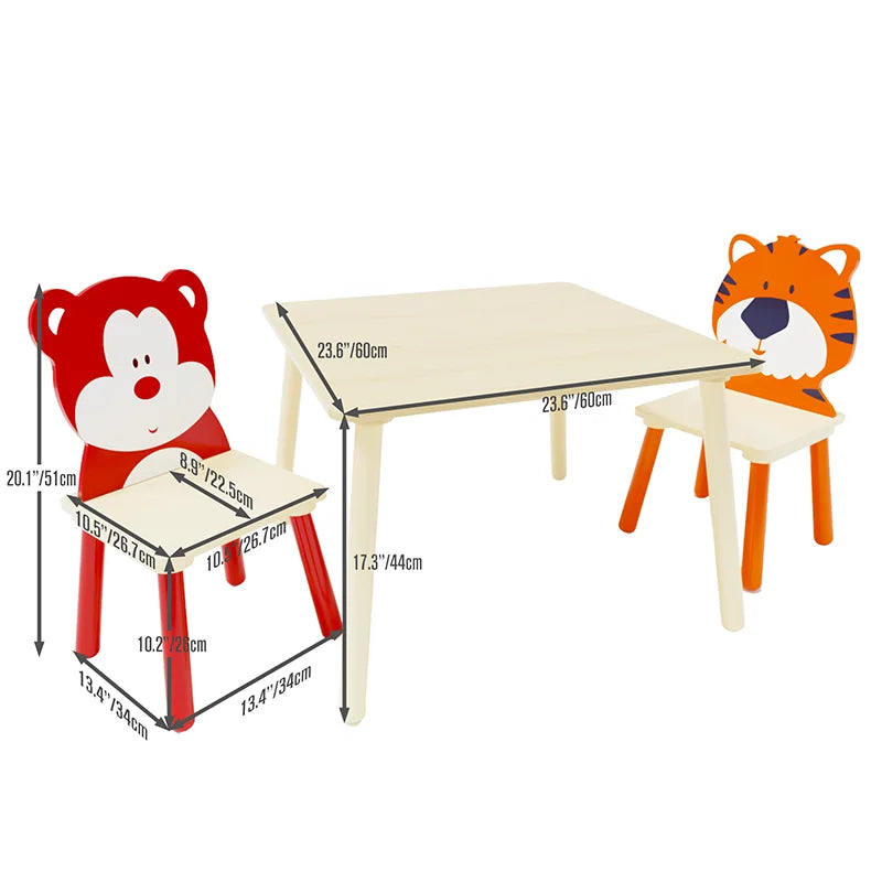 AZIAMOR Kids Table and Chairs Set Bear Tiger Wooden Activity