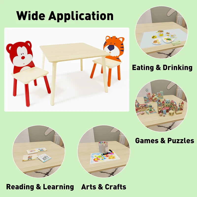 AZIAMOR Kids Table and Chairs Set Bear Tiger Wooden Activity