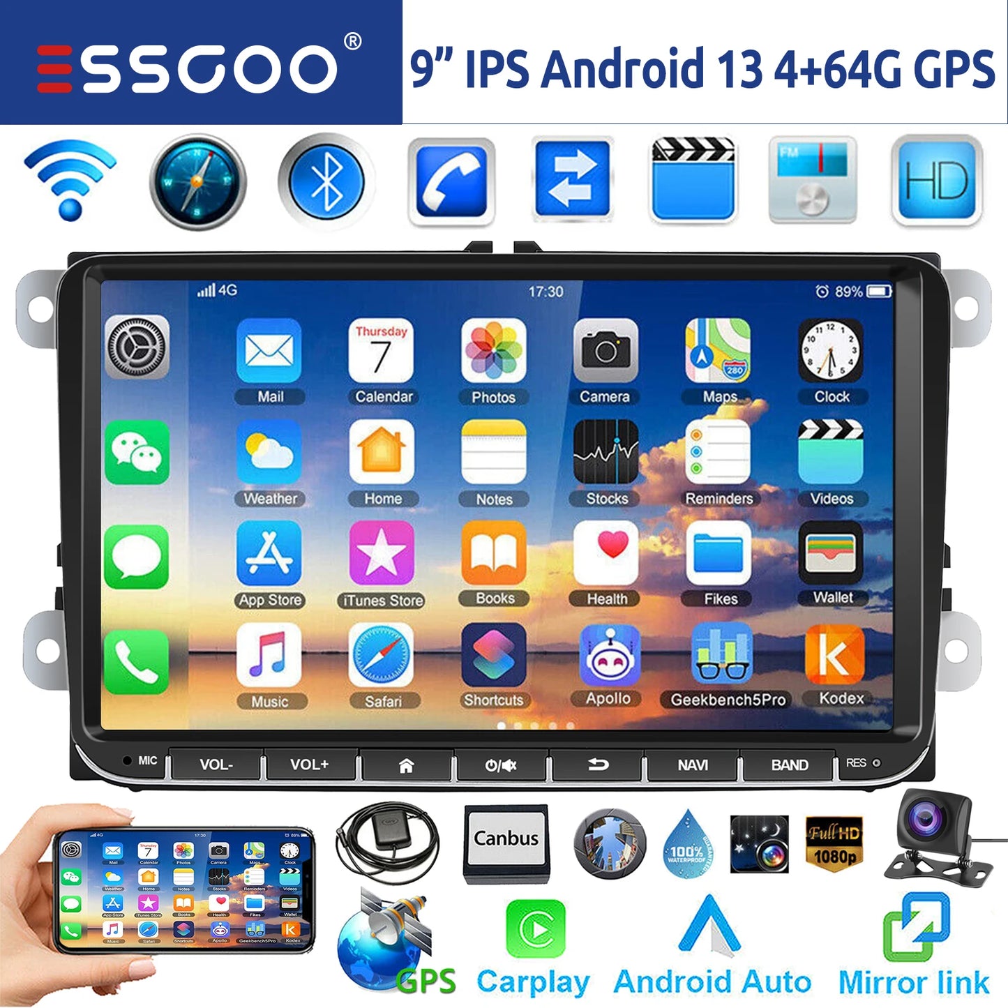 ESSGOO 9 Inch Android Car Stereo with CarPlay GPS Bluetooth for VW