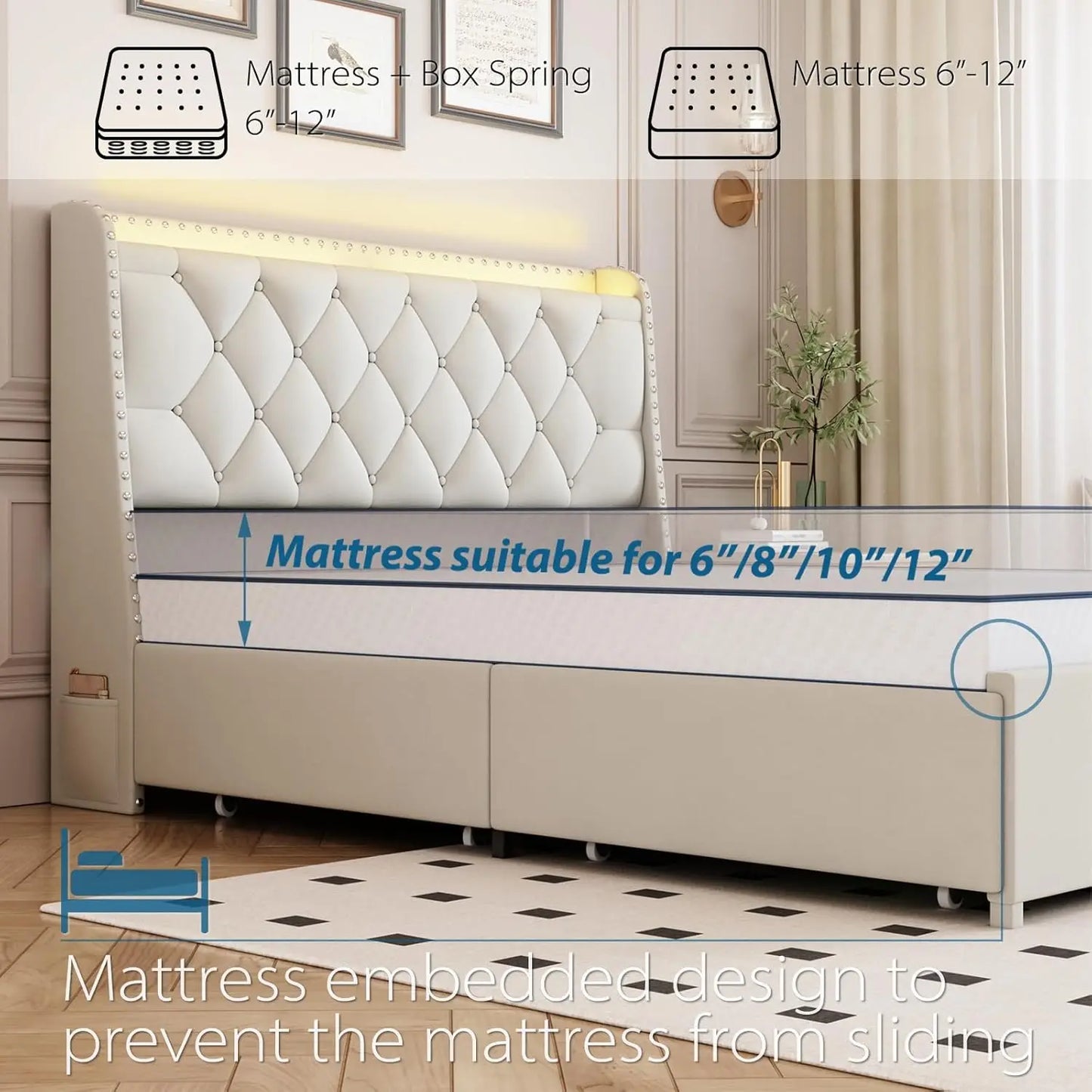 Queen Bed Frame With Storage Headboard LED USB Charging