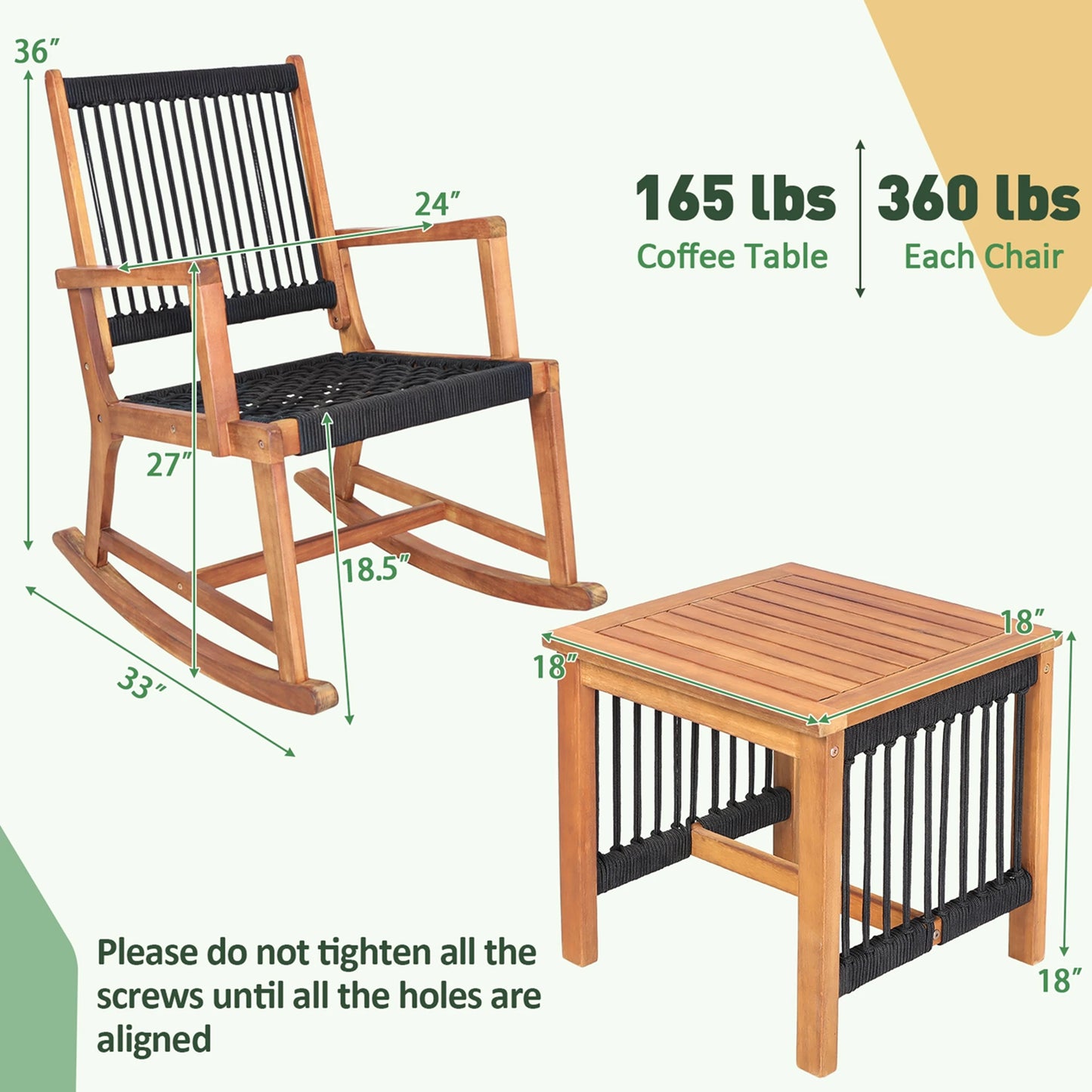 HOMASIS 3 Piece Acacia Wood Patio Bistro Set Rocking Chairs