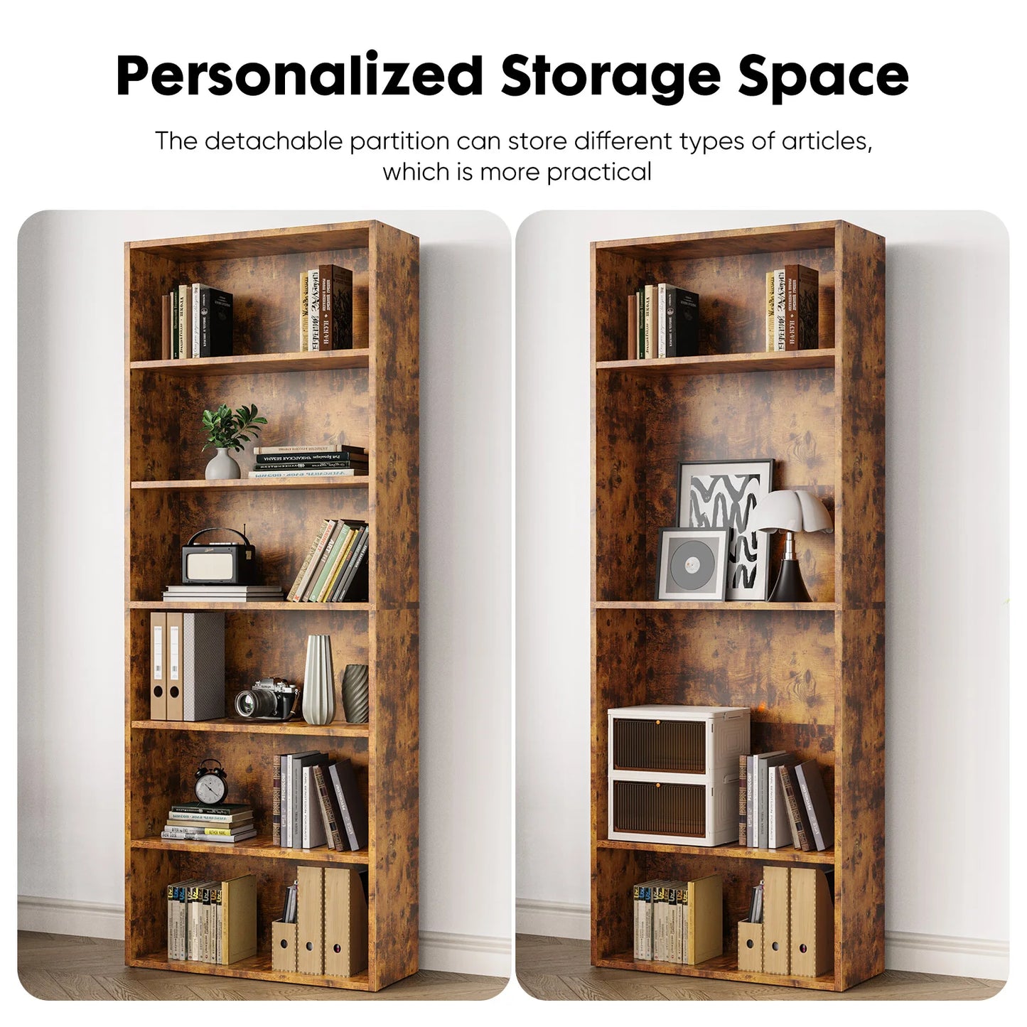 JHK Six Tier Wooden Bookcase Floor Standing Shelving Unit Living Room Home Office