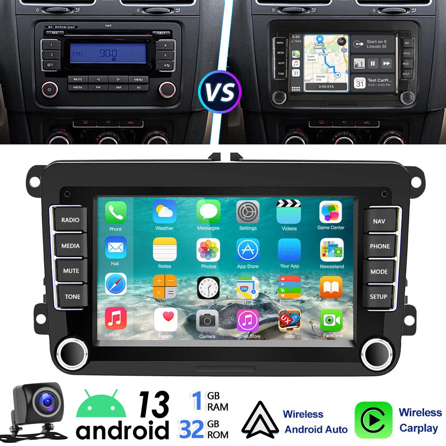 ESSGOO Android 14 Car Stereo with CarPlay for VW Golf