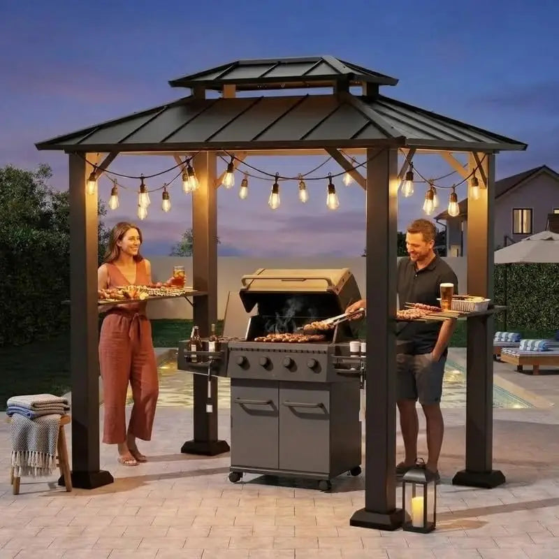 Grill Gazebo With String Lights Outdoor Galvanized Steel Hardtop Canopy