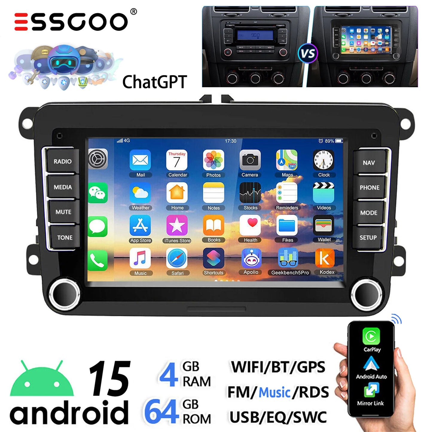 ESSGOO Android 14 Car Stereo with CarPlay for VW Golf