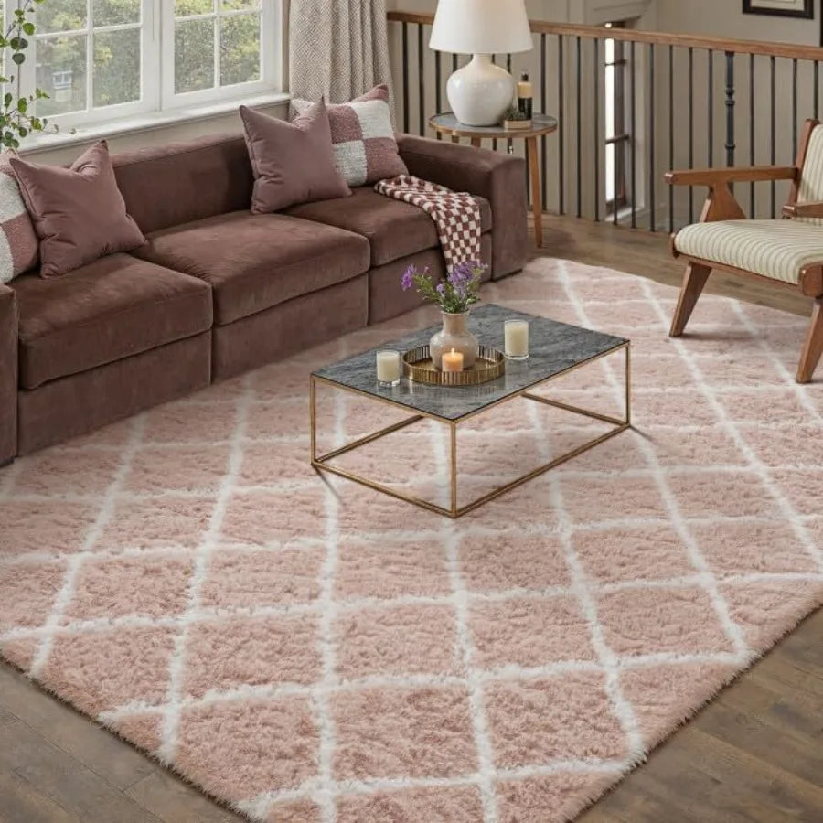 Checkered Living Room Rug Modern Plush Non Slip Area Carpet