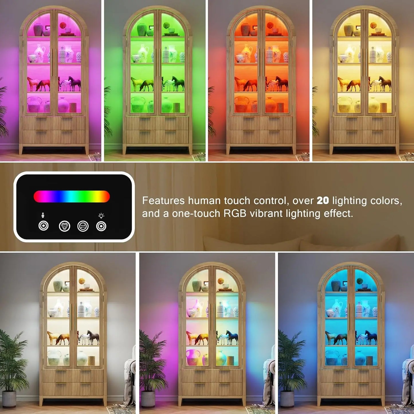 Arched RGB Curio Cabinet With Glass Doors And Drawers