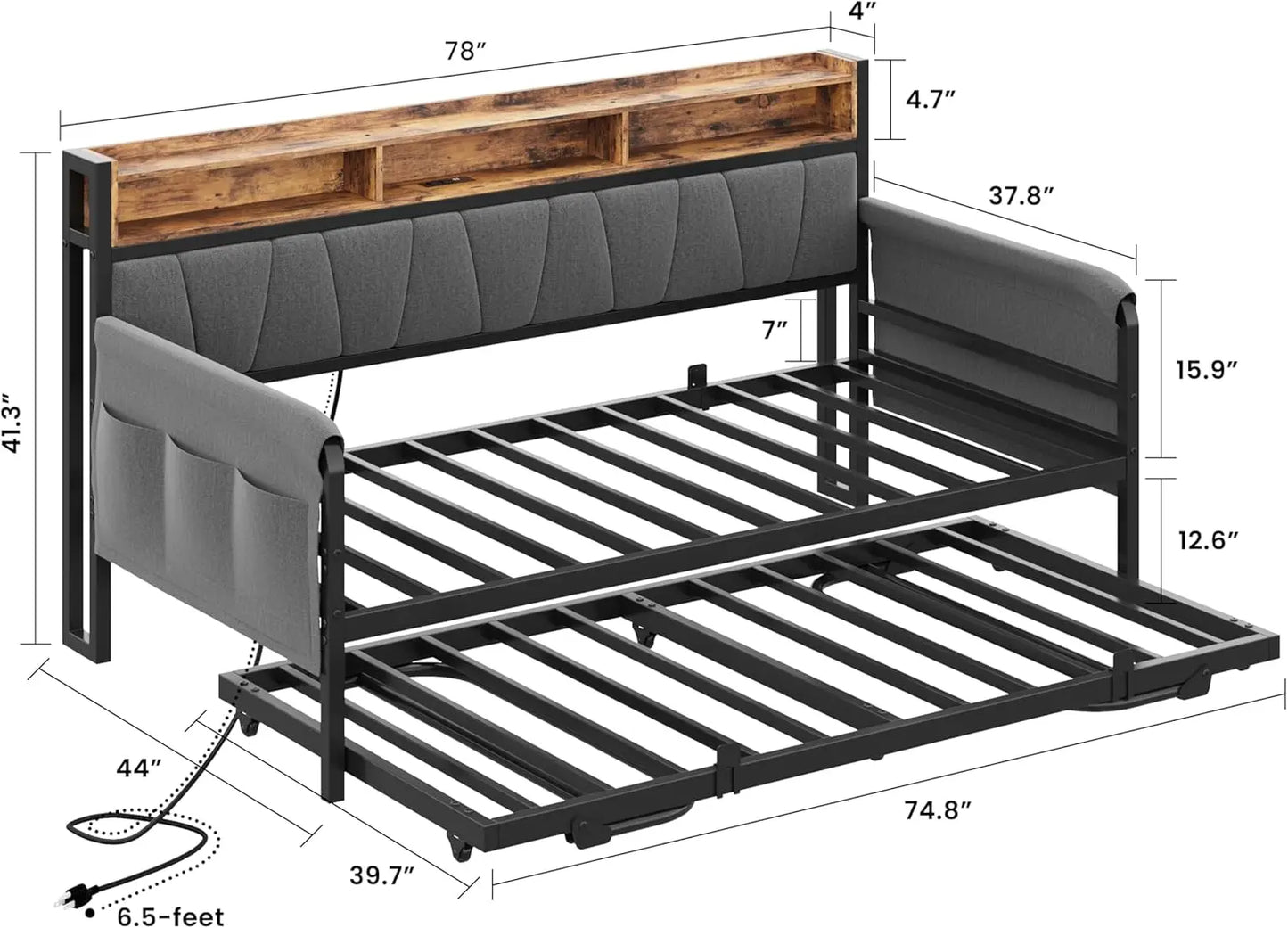LIKIMIO Daybed With Trundle Bed Upholstered Headboard And Charge Station