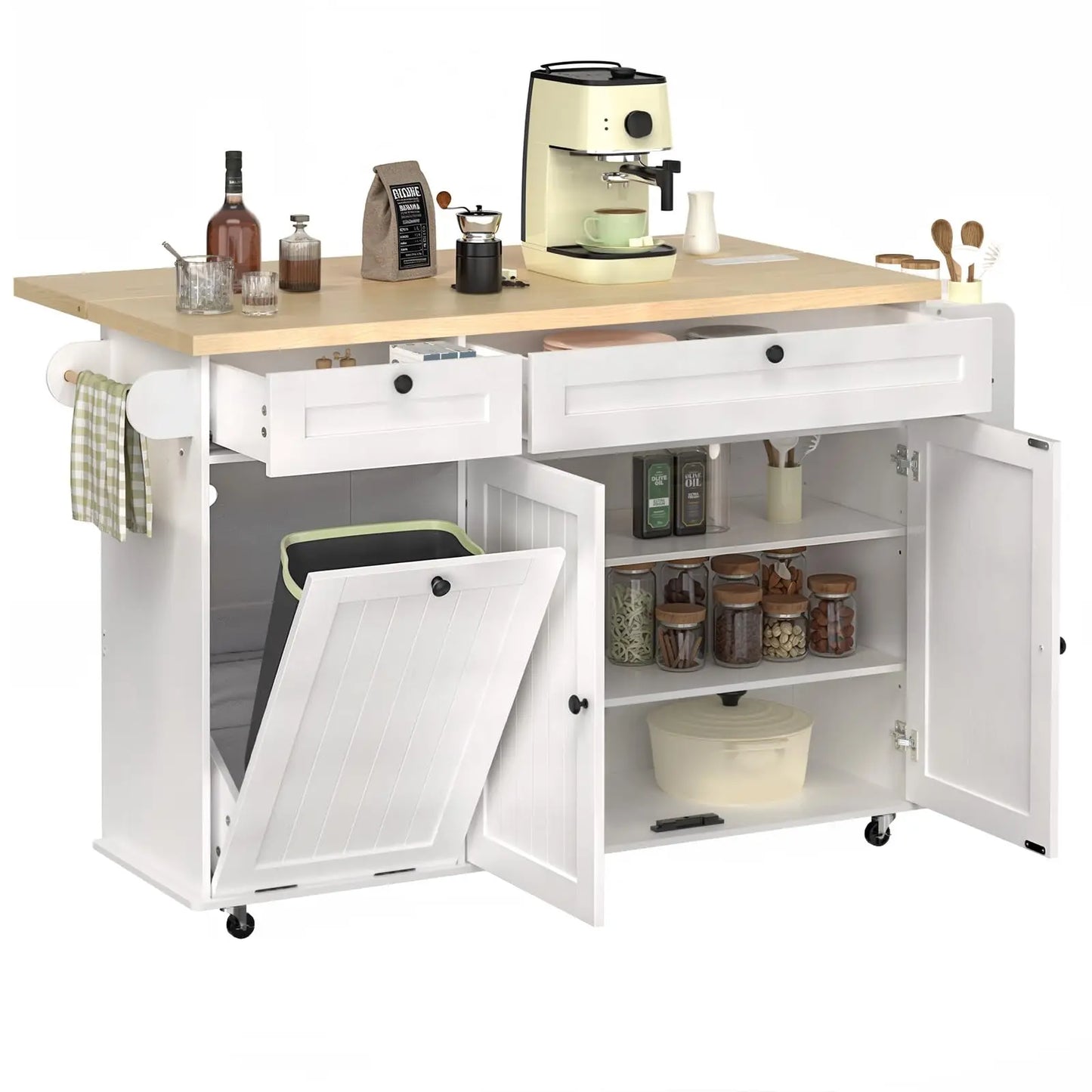 ONBRILL Mobile Kitchen Island With Power Outlet Drop Leaf Spice Rack