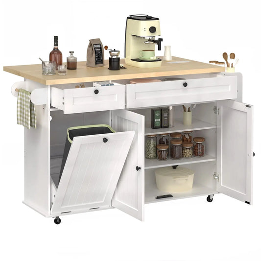 ONBRILL Mobile Kitchen Island With Power Outlet Drop Leaf Spice Rack