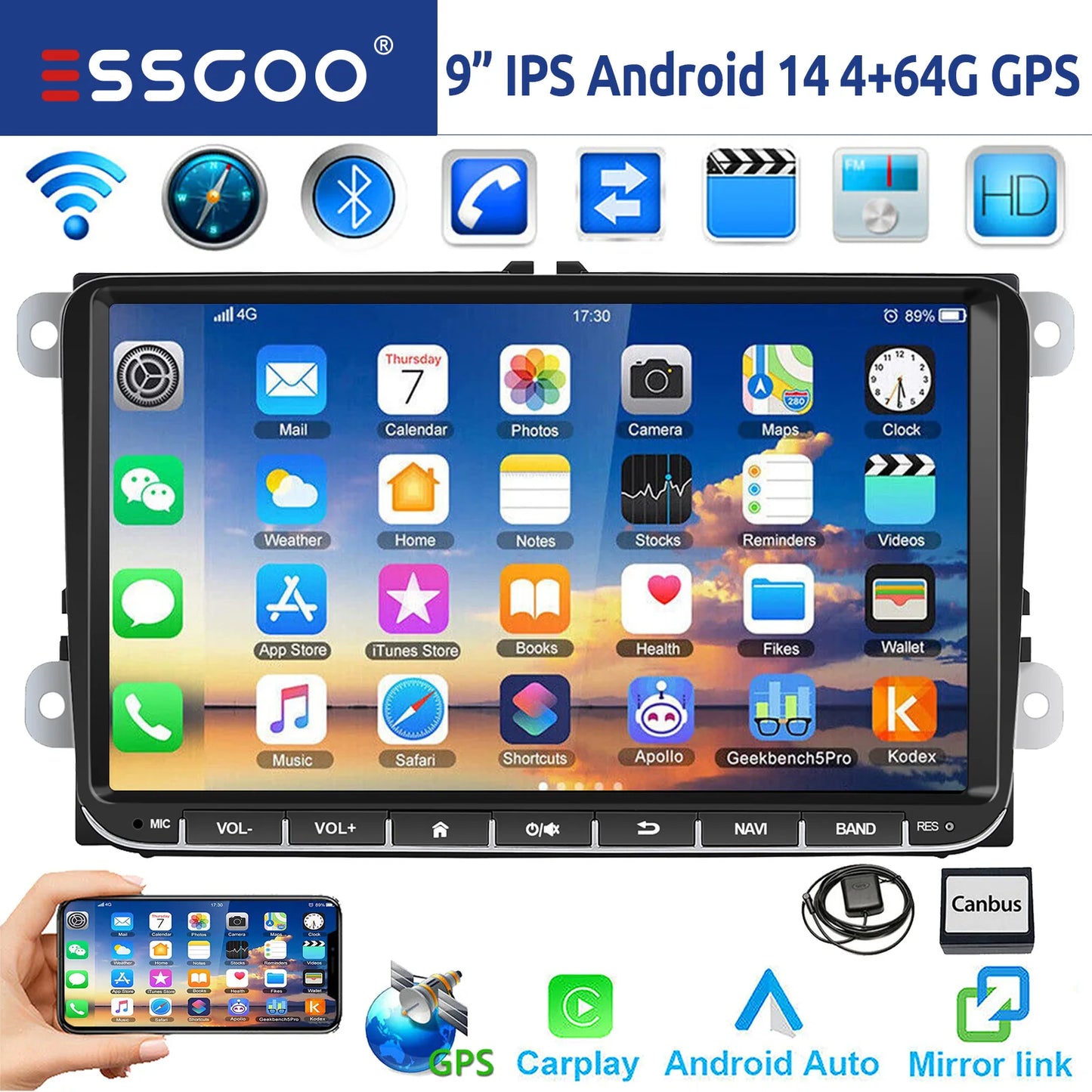ESSGOO 9 Inch Android Car Stereo with CarPlay GPS Bluetooth for VW
