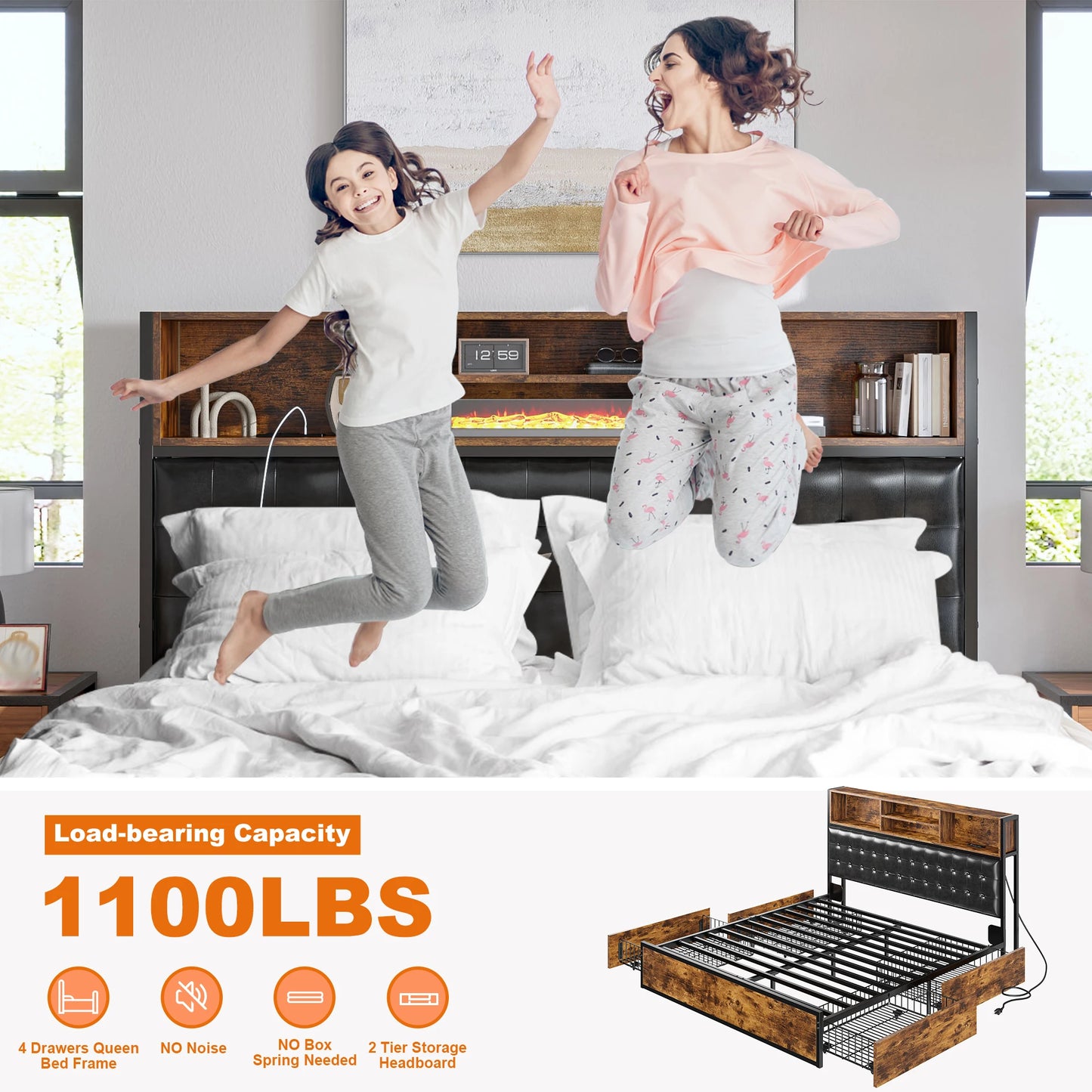 EnHomee Bed Frame With Upholstered Headboard Storage Drawers Charging Station
