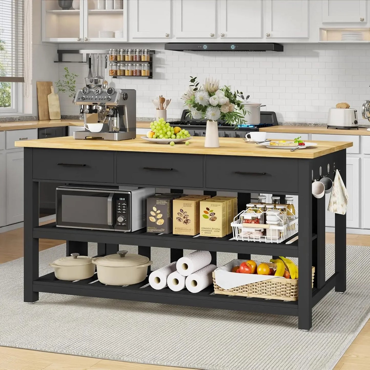 Solid Rubberwood Kitchen Island With Power Outlets And Storage Drawers