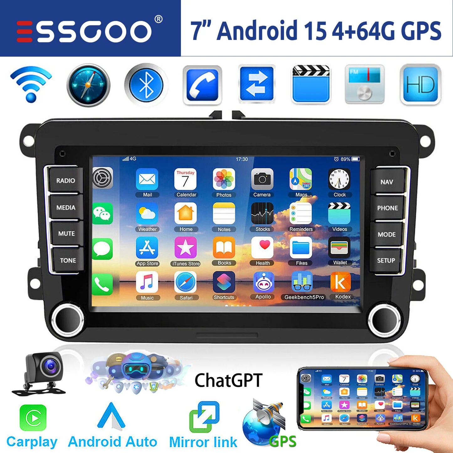 ESSGOO Android 14 Car Stereo with CarPlay for VW Golf