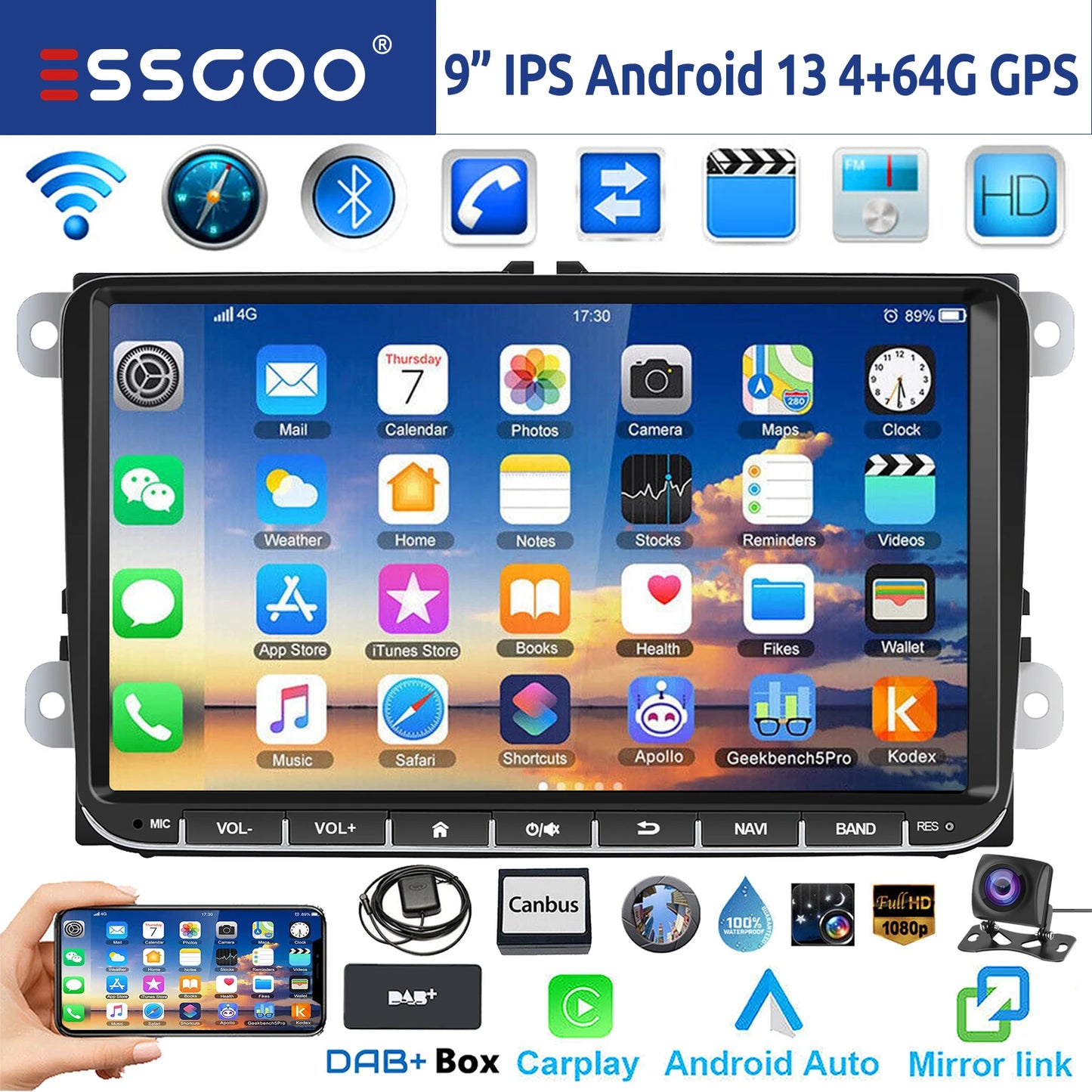 ESSGOO 9 Inch Android Car Stereo with CarPlay GPS Bluetooth for VW