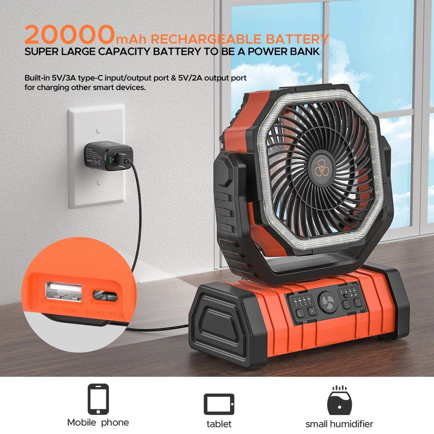 Camping Fan 20000mAh Rechargeable Battery Powered With LED Light