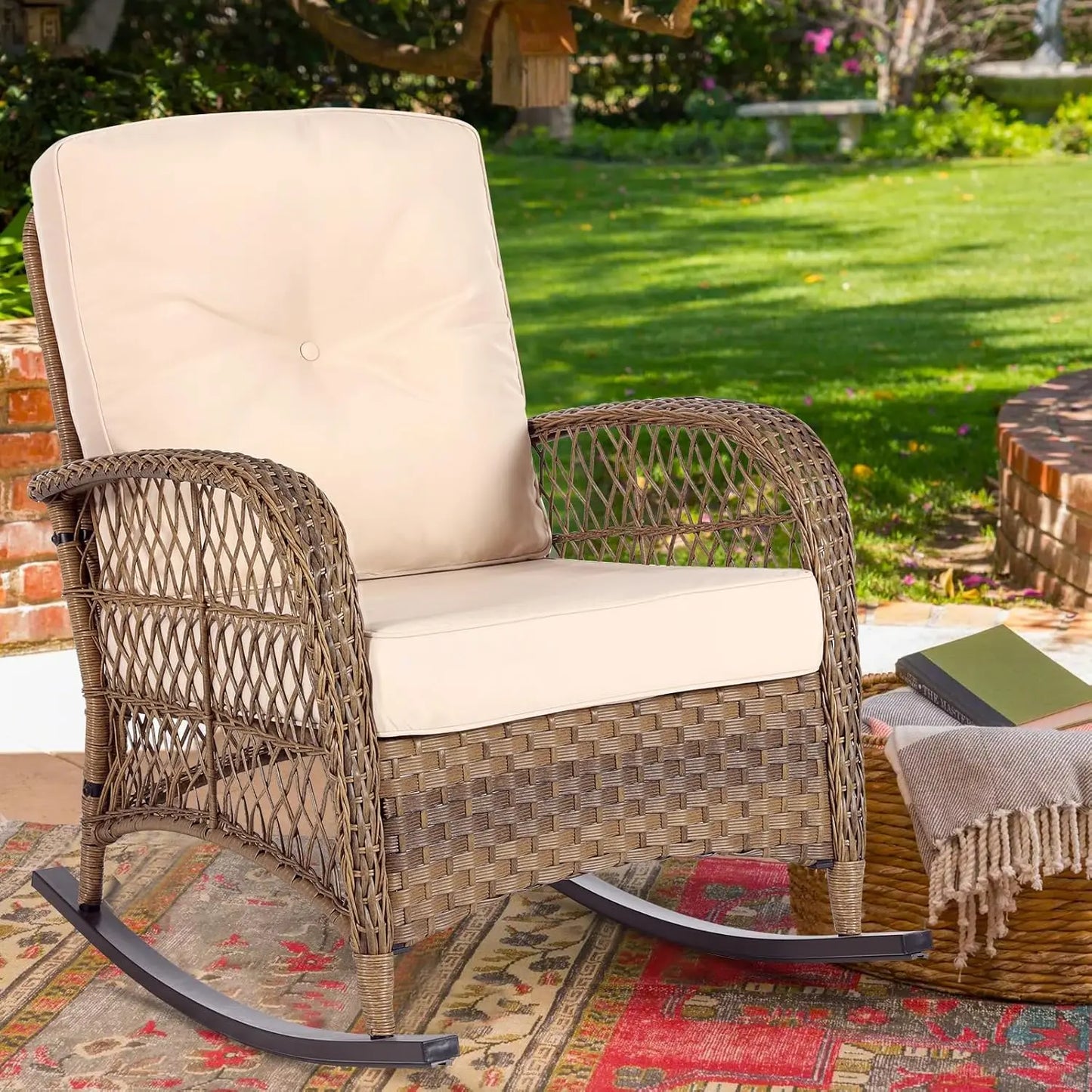 All-Weather Wicker Rocking Chair High Back For Garden Porch