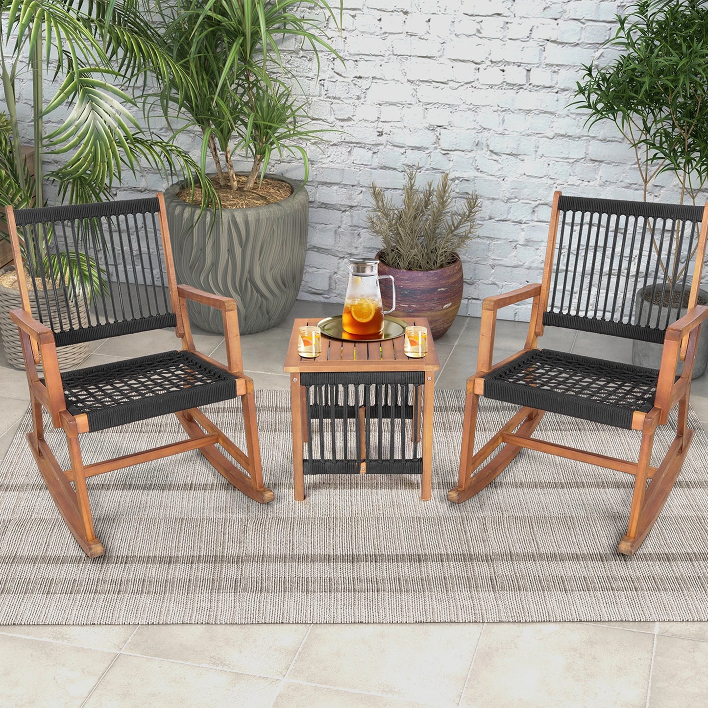 HOMASIS 3 Piece Acacia Wood Patio Bistro Set Rocking Chairs