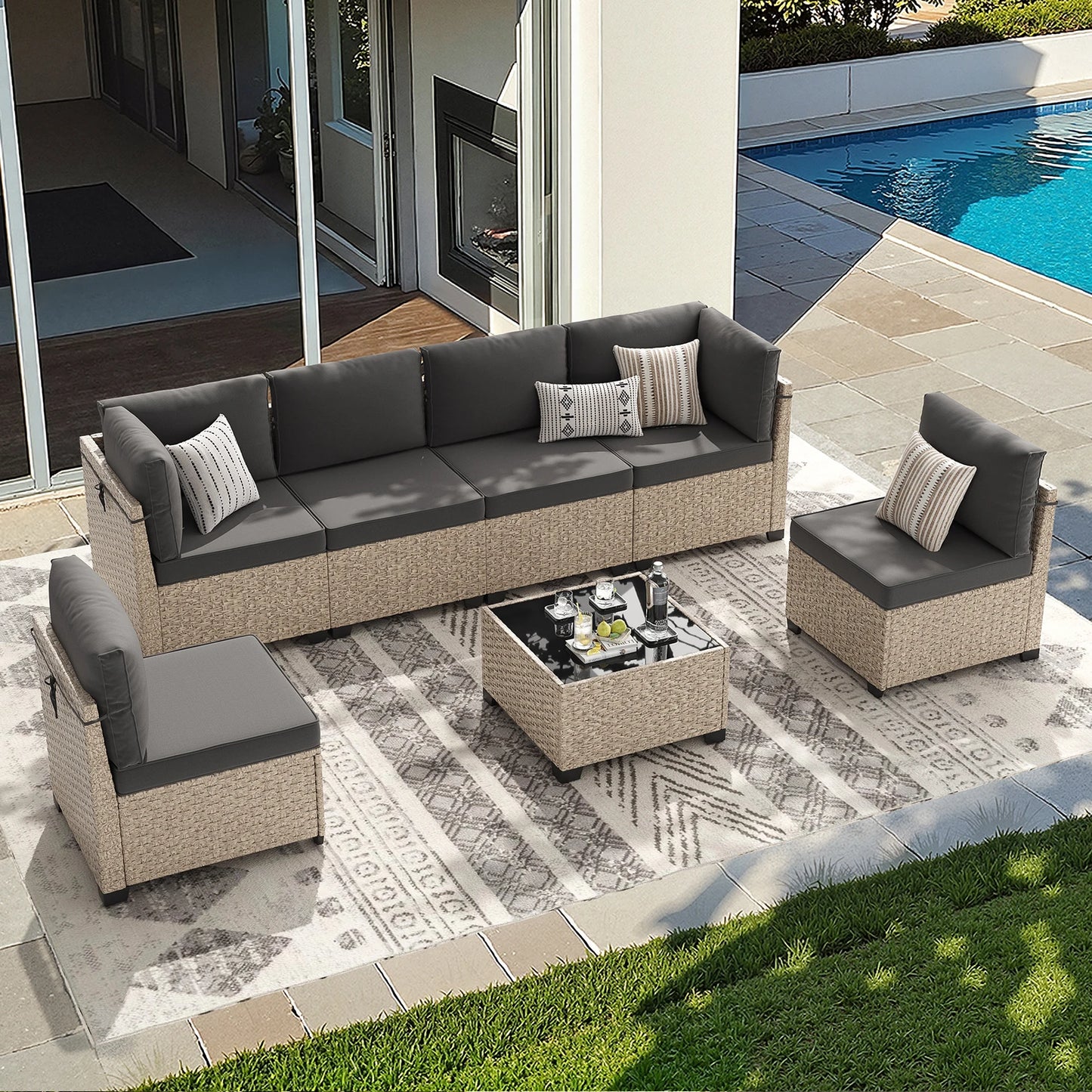 Soohow 7 Piece Outdoor Patio Furniture Set Rattan Glass Table