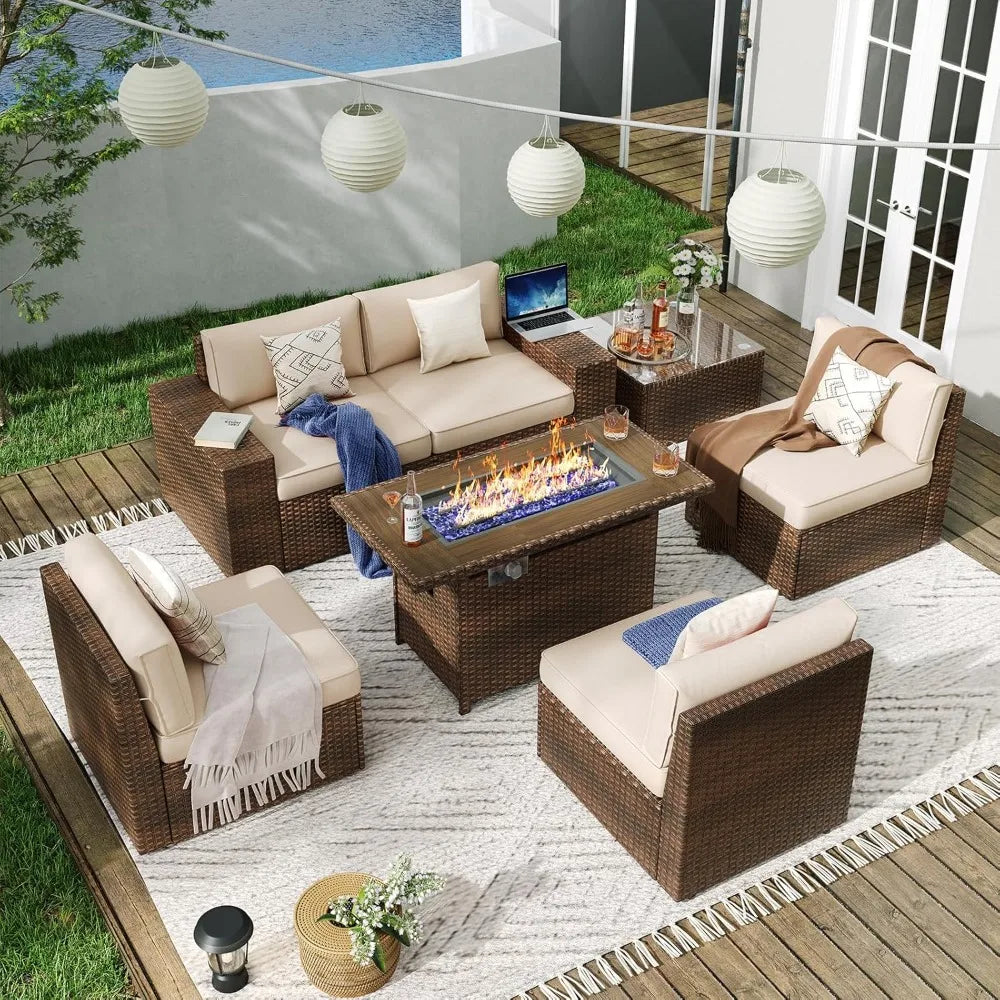 7 Piece Outdoor Patio Furniture Set With Fire Pit Table And Cushions