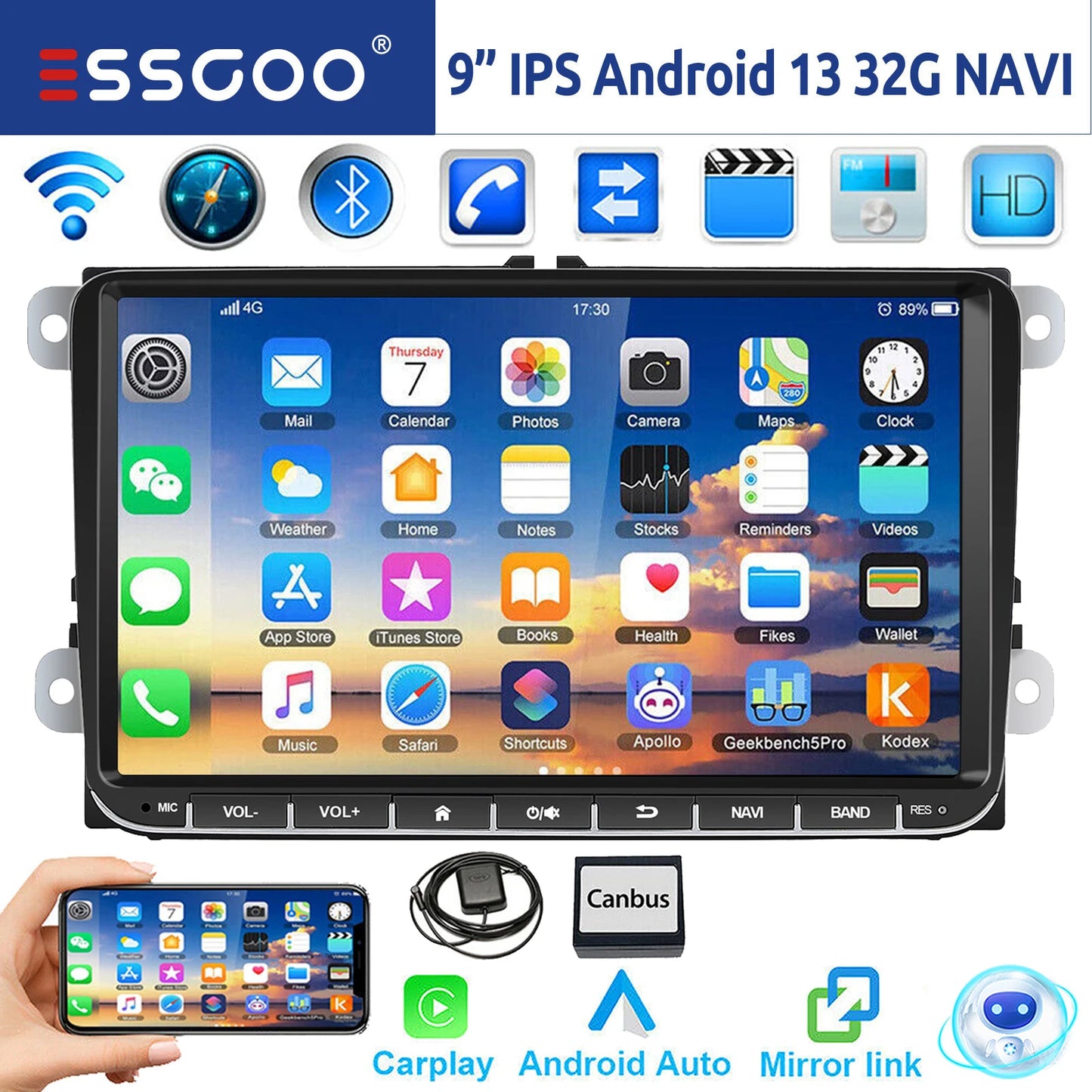 ESSGOO 9 Inch Android Car Stereo with CarPlay GPS Bluetooth for VW