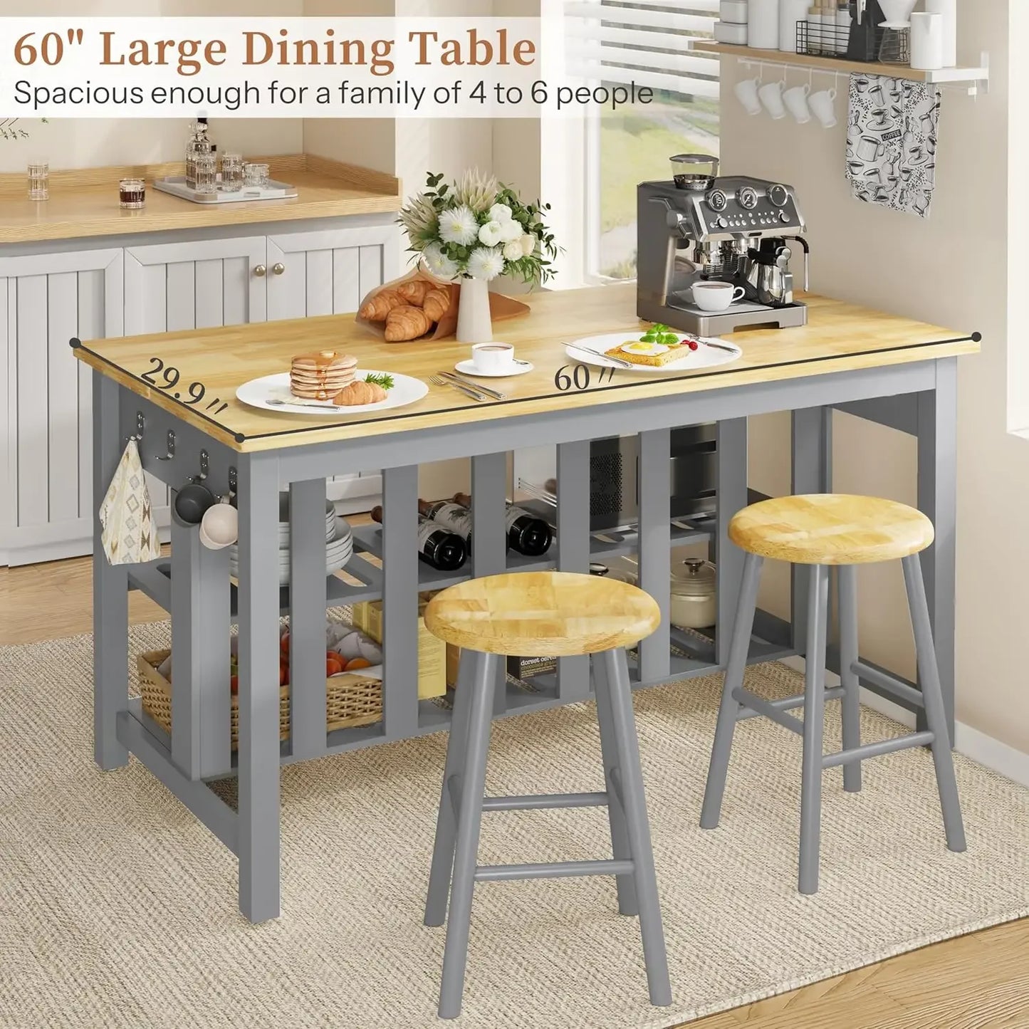 Solid Rubberwood Kitchen Island With Power Outlets And Storage Drawers