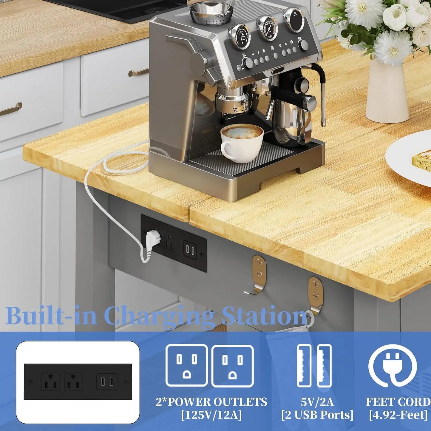 Solid Rubberwood Kitchen Island With Power Outlets And Storage Drawers