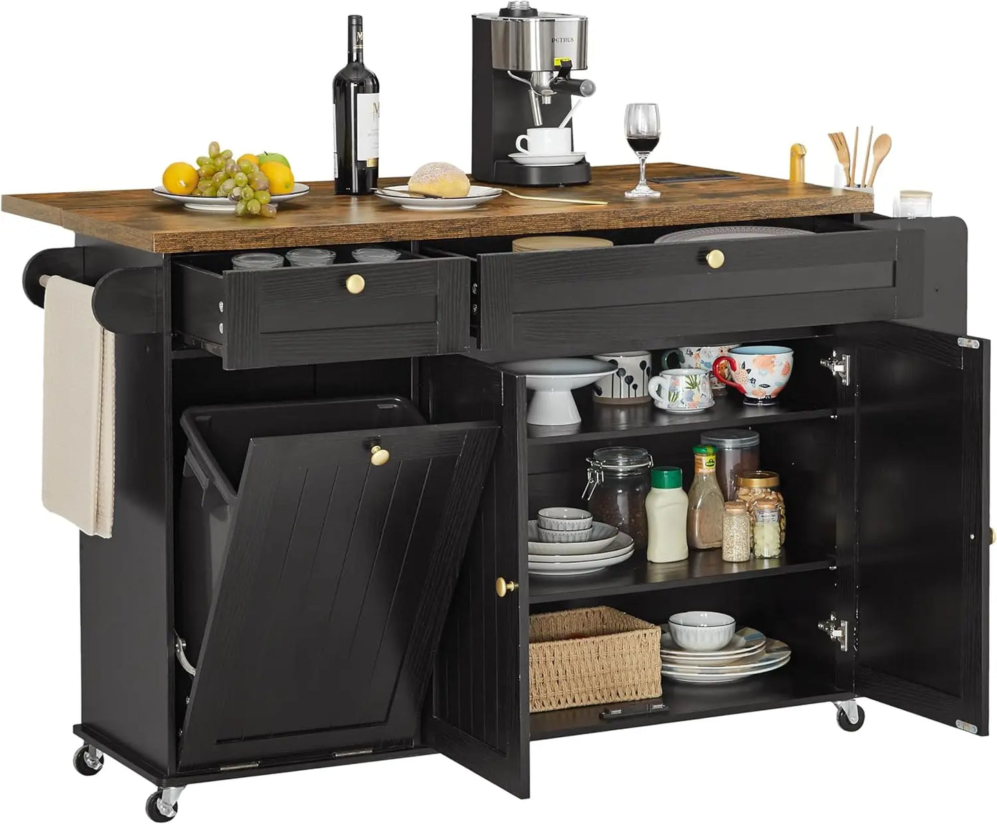 ONBRILL Mobile Kitchen Island With Power Outlet Drop Leaf Spice Rack