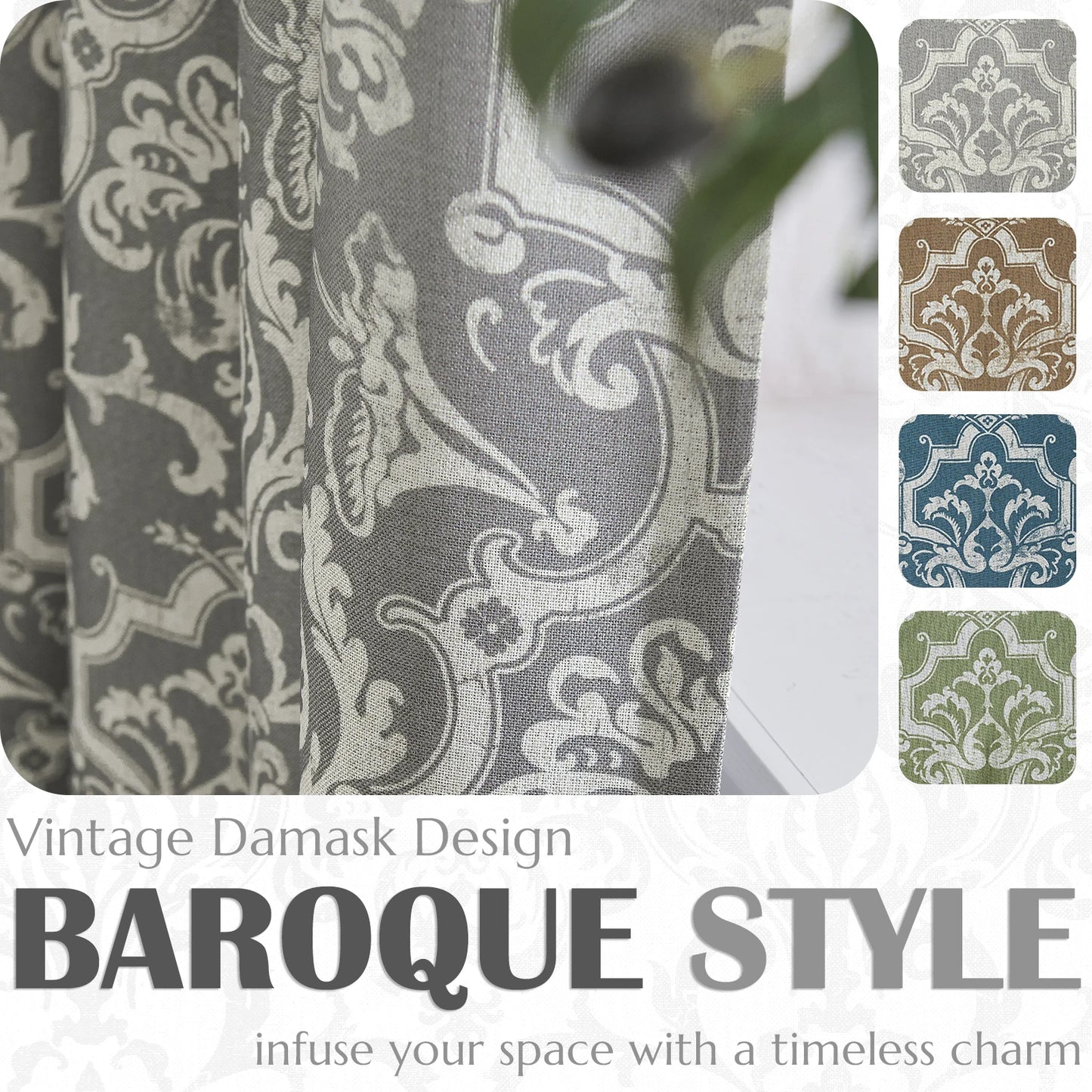 JINCHAN Classic Baroque Medallion Linen Curtains Room Darkening Grommet Panels