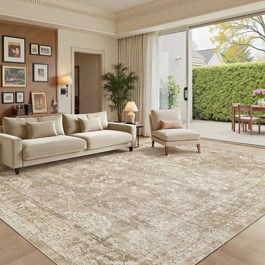 Machine Washable Vintage Natural Area Rug With Non Slip Backing