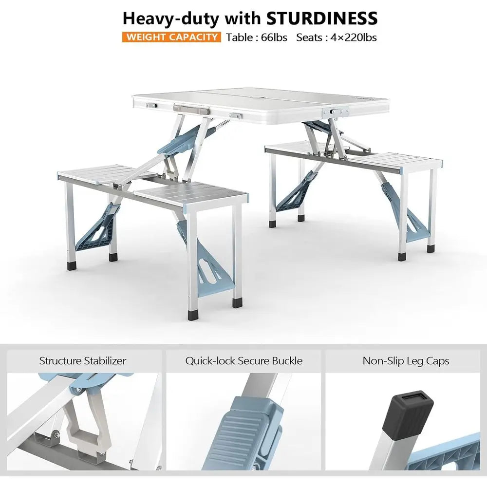 Foldable Aluminum Picnic Table With Seats And Umbrella Hole Portable Handle