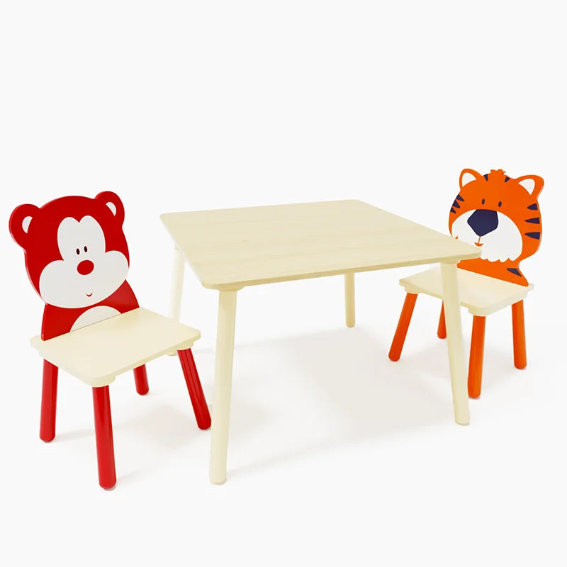 AZIAMOR Kids Table and Chairs Set Bear Tiger Wooden Activity