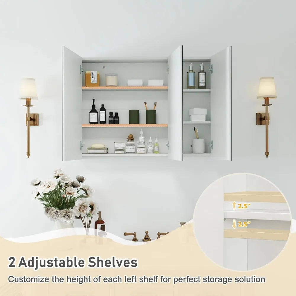 Medicine Cabinet With Three Mirrored Doors And Adjustable Shelves