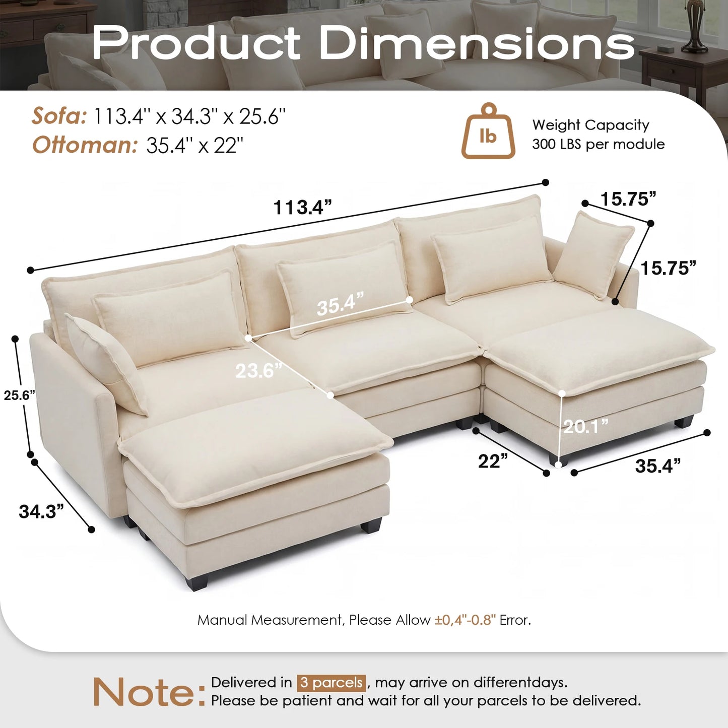 Redlife Modular Sectional Sofa With Ottoman Deep Seat