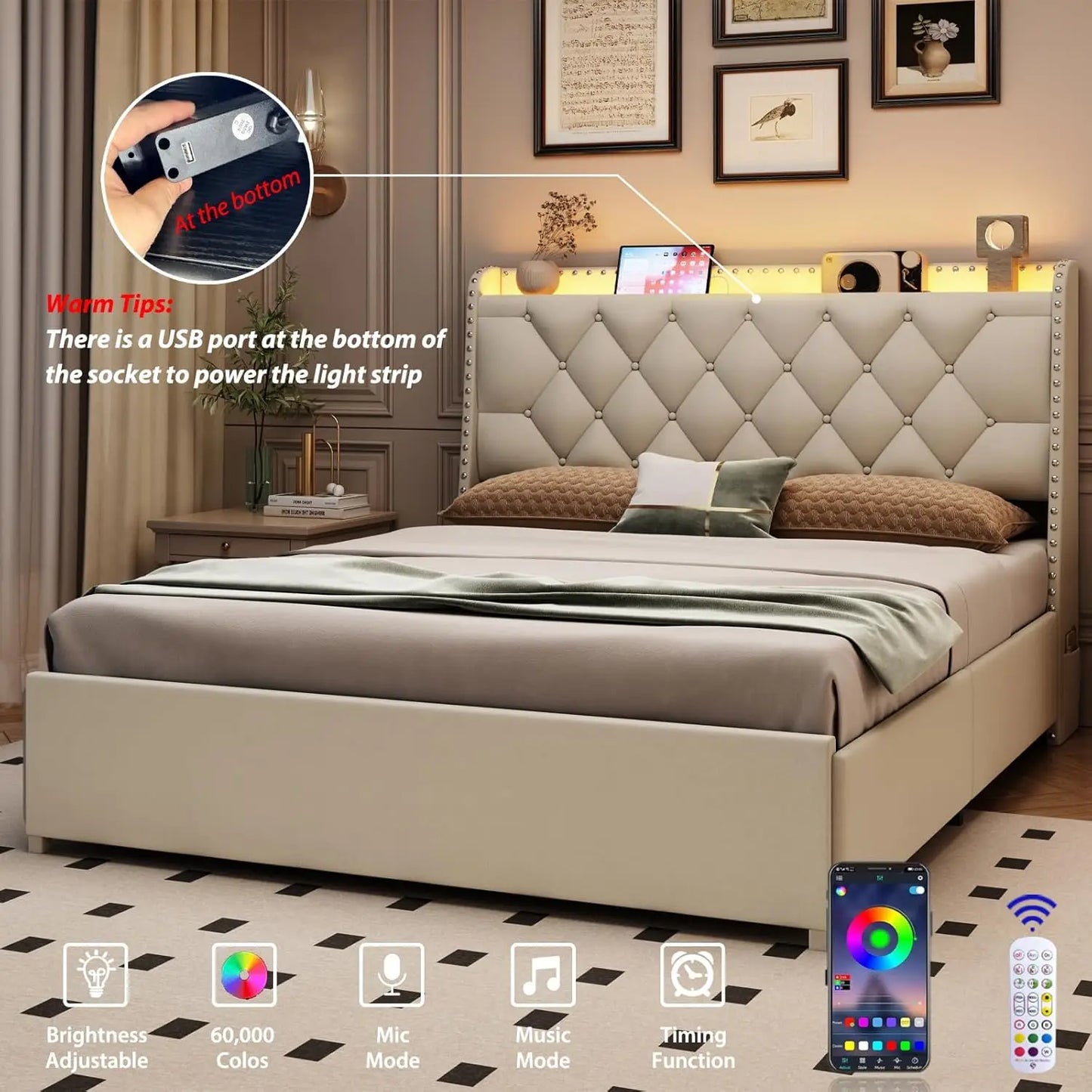 Queen Bed Frame With Storage Headboard LED USB Charging