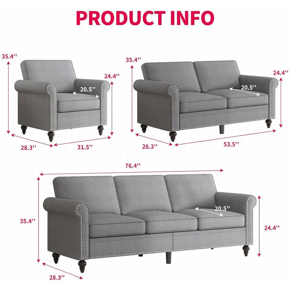 3-Piece Linen Sofa Set With Nailhead Trim Modern Living Room Furniture