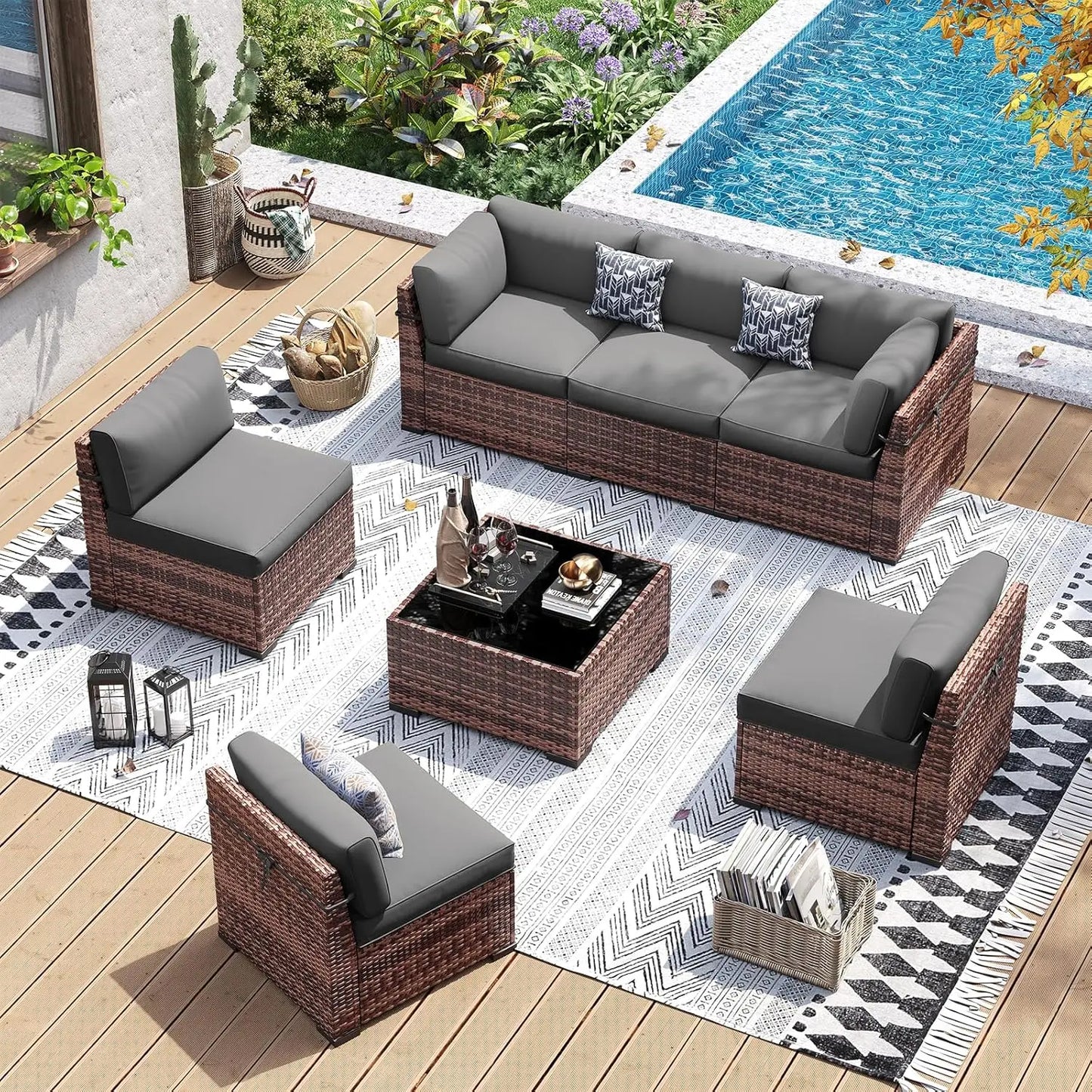Outdoor Wicker Patio Furniture Set With Tea Table And Waterproof Sofa Cover